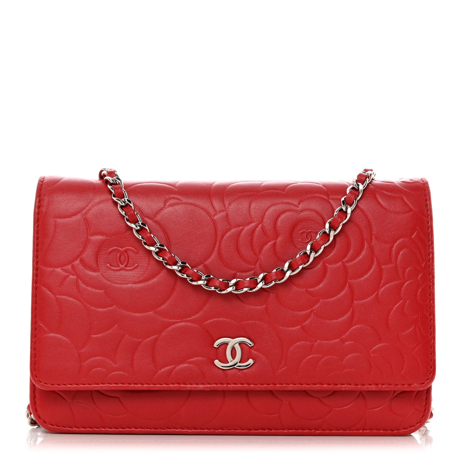 Chanel Lambskin Camellia Embossed Wallet On Chain WOC Red 1 of 16