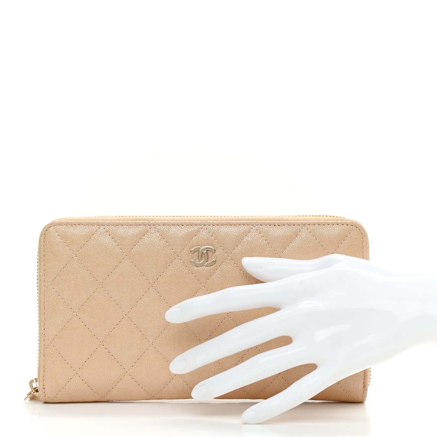 Iridescent Caviar Quilted Large Zip Around Organizer Wallet Beige