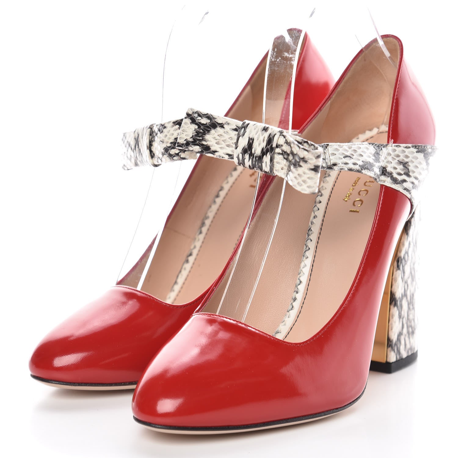 Gucci Polished Calfskin Elaphe Nimue Bow Mary Jane Pumps 38.5 Hibiscus Red Roccia 3 of 8