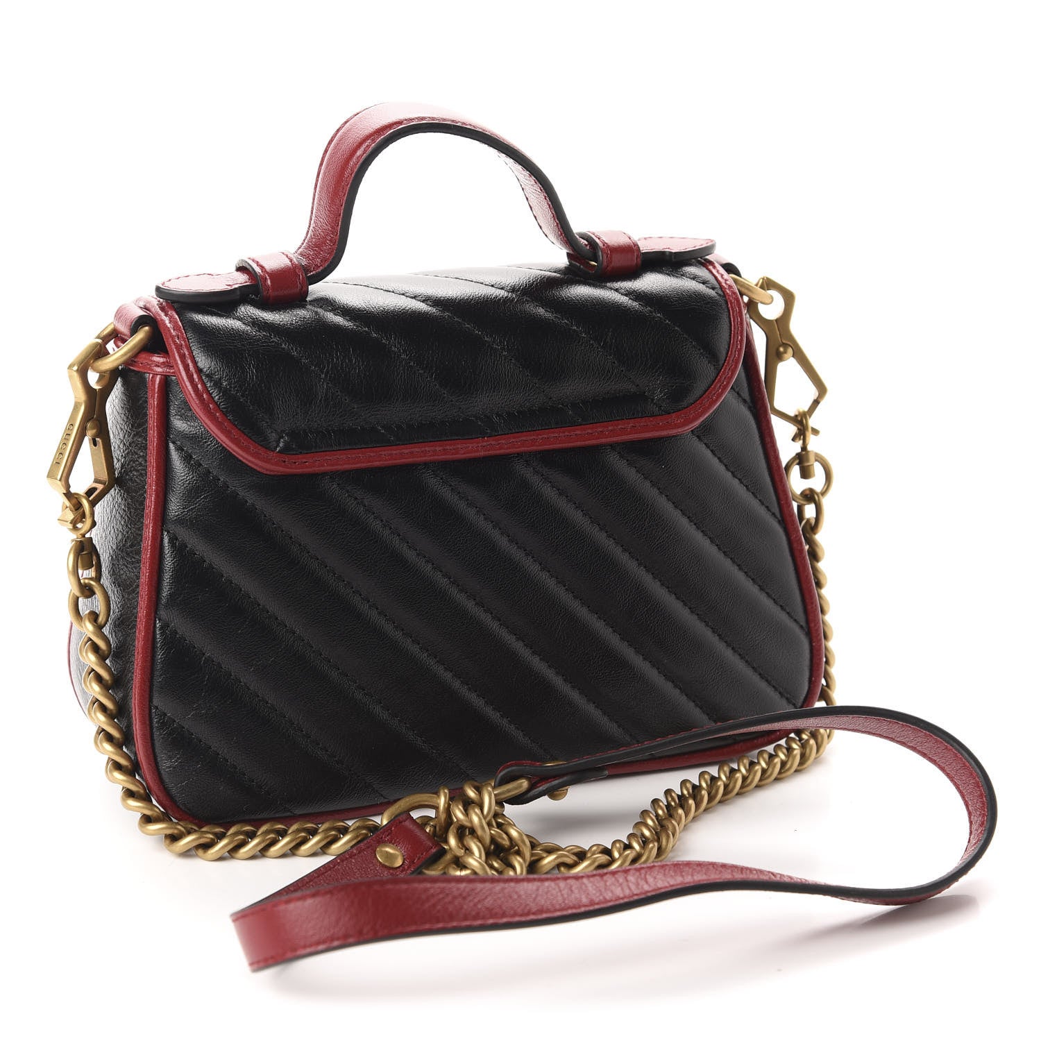 Gucci Vintage Effect Calfskin Matelasse Diagonal Mini Torchon GG Marmont Top Handle Shoulder Bag Black Romantic Cherry 3 of 10