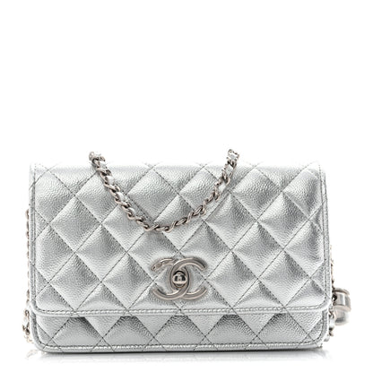 Chanel Metallic Caviar Quilted Wallet On Chain WOC Silver 1 of 13