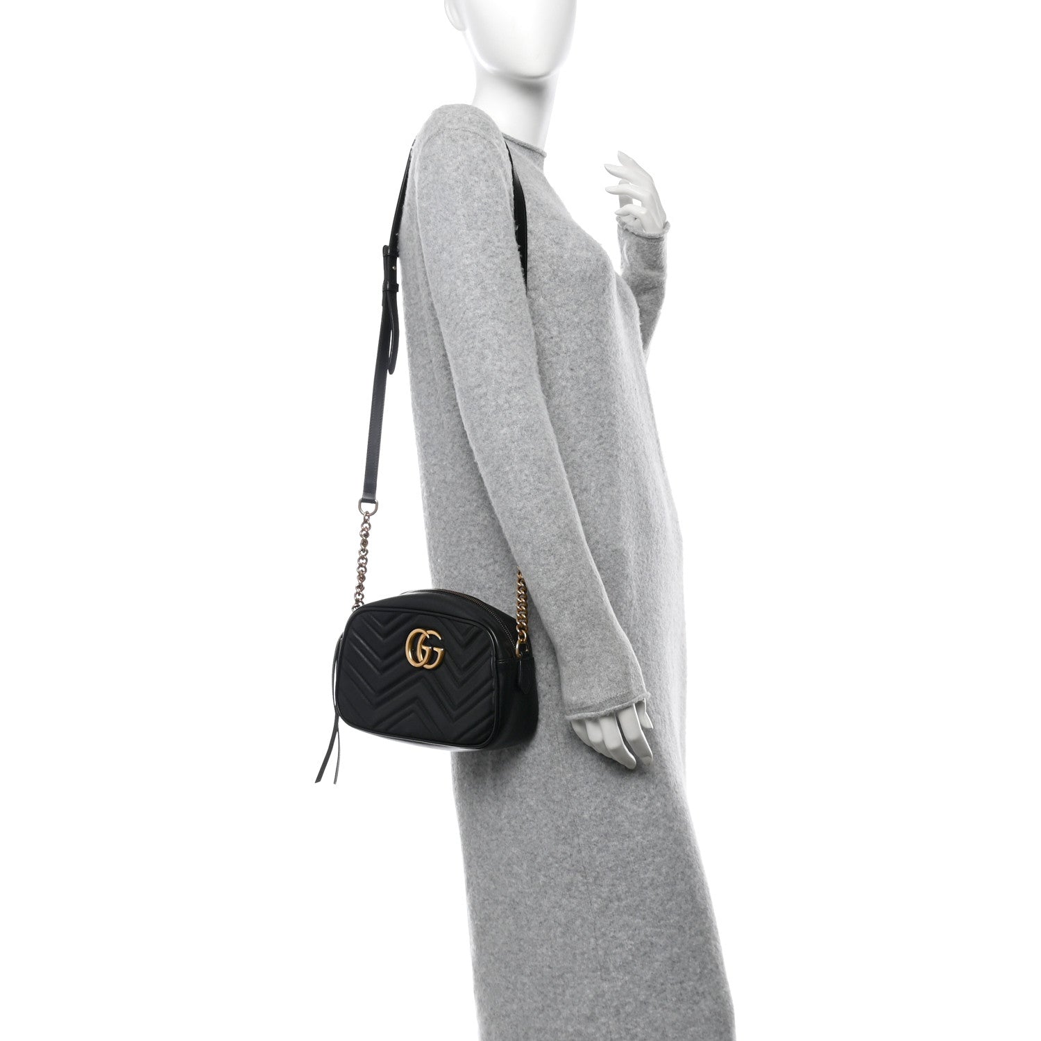Gucci Calfskin Matelasse Small GG Marmont Chain Shoulder Bag Black 2 of 12