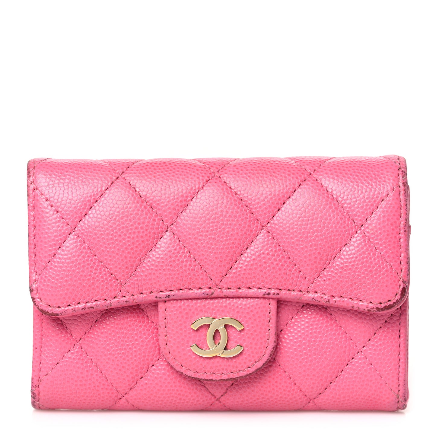 Caviar Quilted Flap Card Holder Wallet Pink