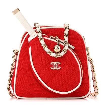 Chanel Canvas Calfskin Tennis Racket Clutch With Chain Red White 3 of 11