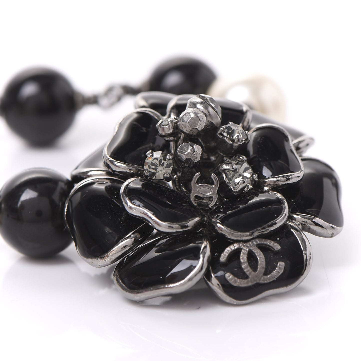 Enamel Camellia Crystal Pearl Beaded CC Bracelet Silver Black