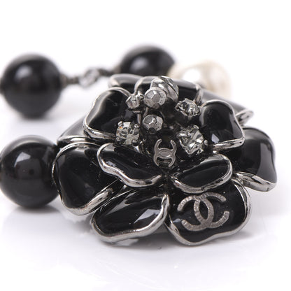 Chanel Enamel Camellia Crystal Pearl Beaded CC Bracelet Silver Black 5 of 6