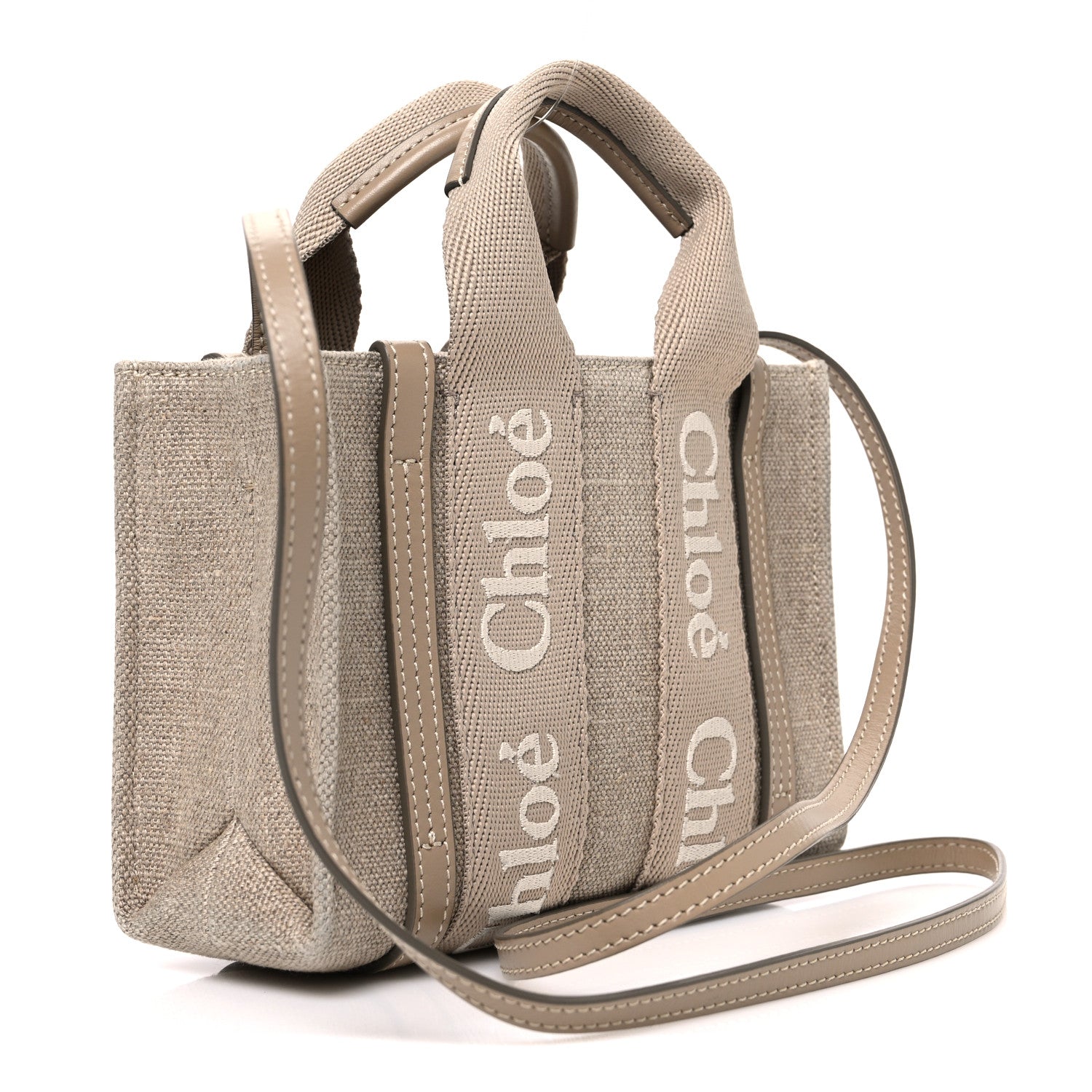 Chloe Linen Calfskin Mini Woody Ribbon Tote With Strap Boyish Brown 3 of 10