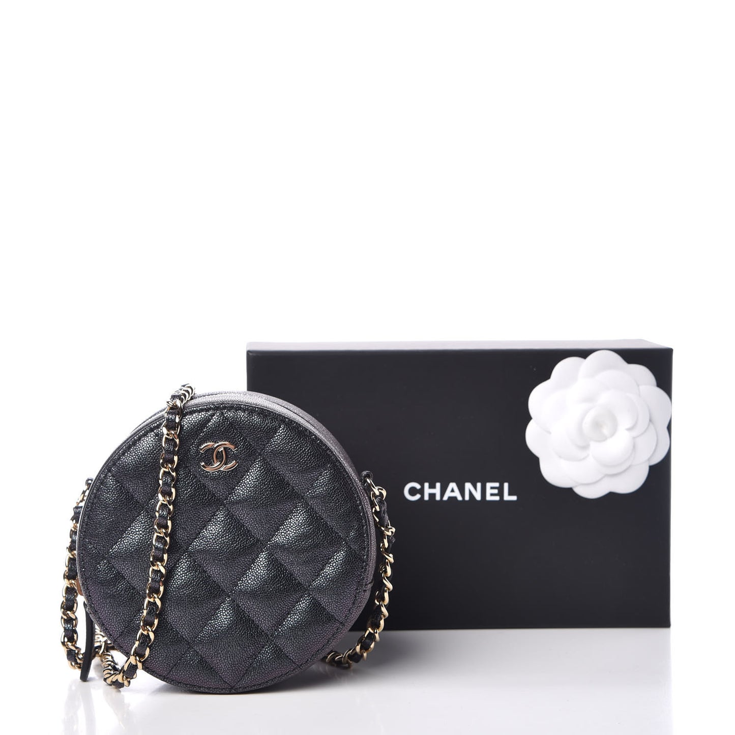 Iridescent Caviar Quilted Round Clutch With Chain Black