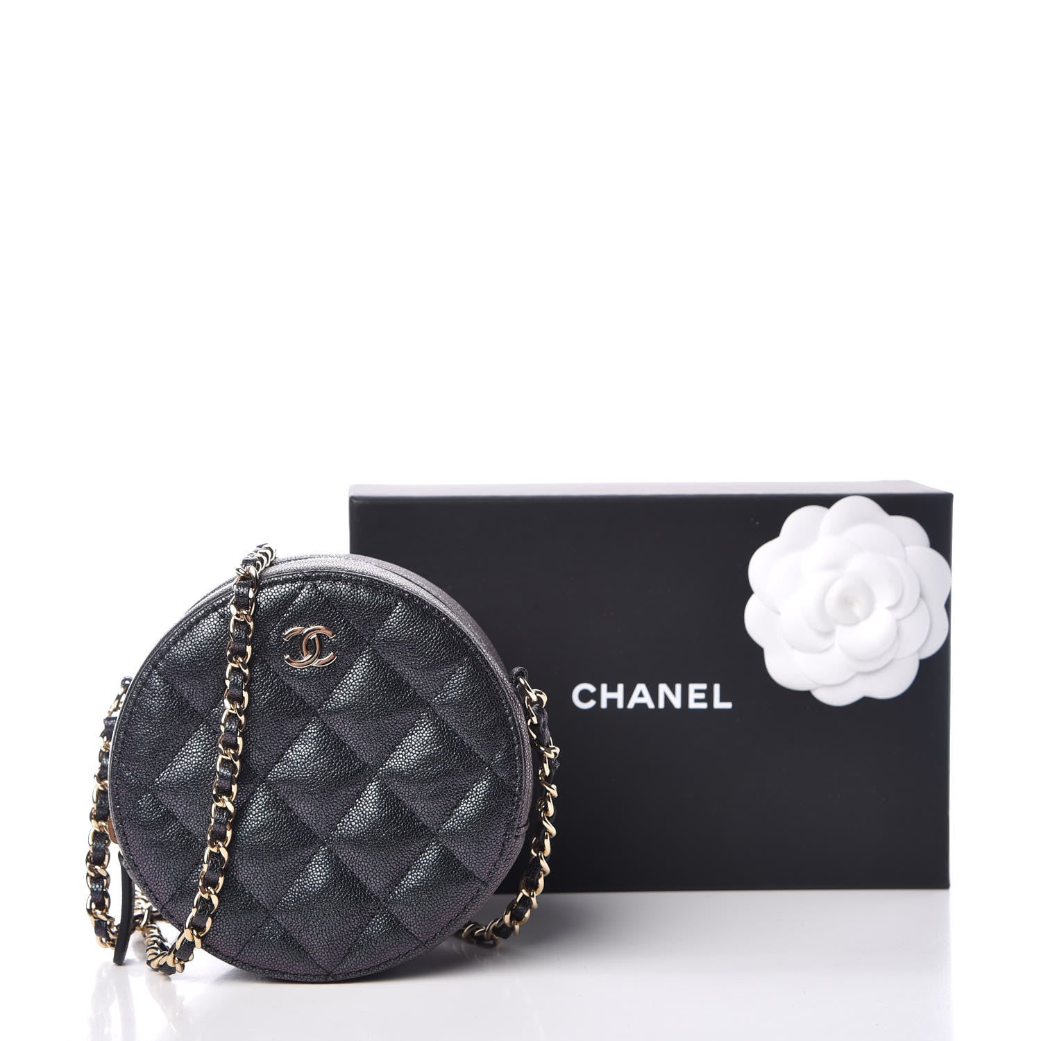 Chanel Iridescent Caviar Quilted Round Clutch With Chain Black 10 of 10