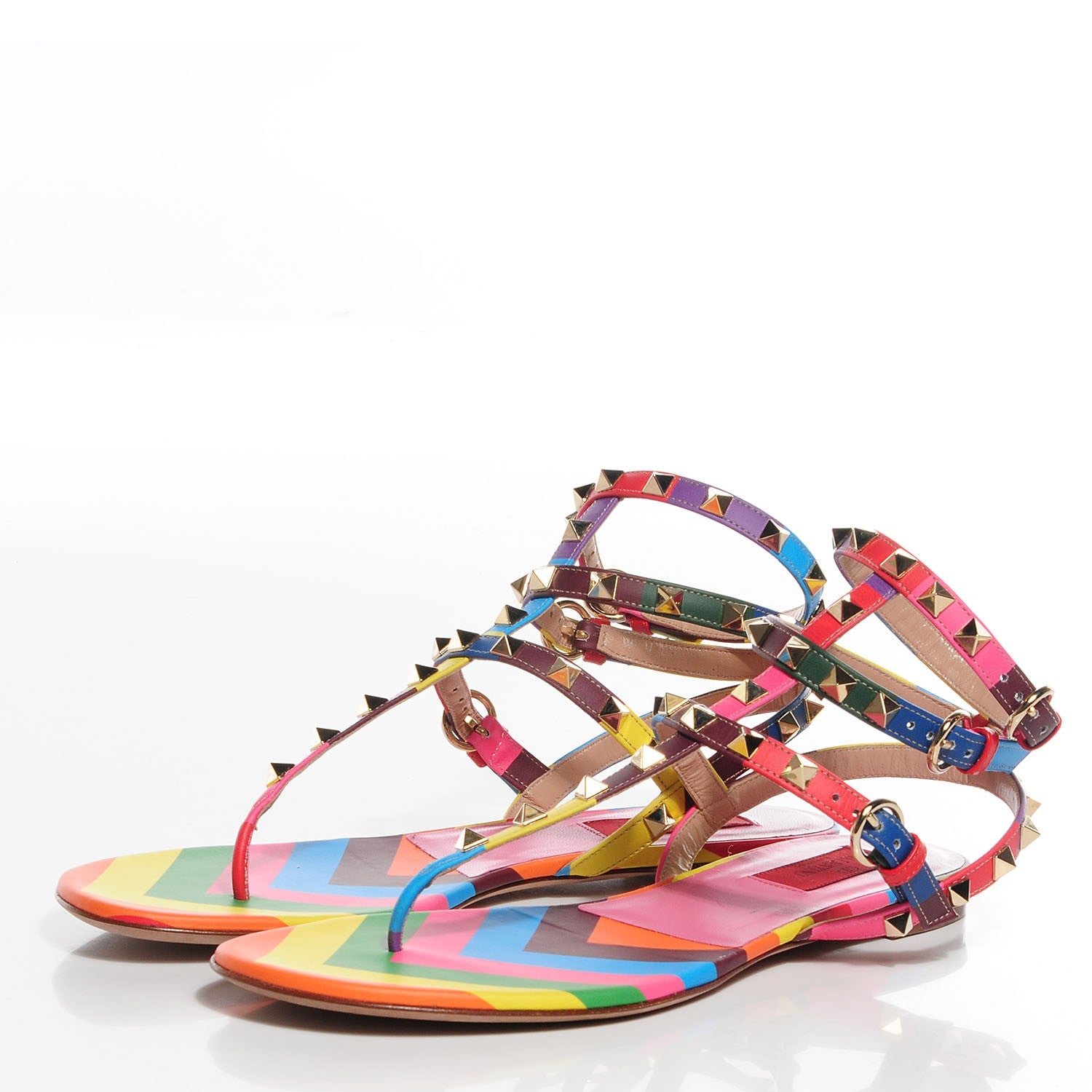Valentino Garavani Calfskin 1973 Rockstud Ankle Wrap Flat Thong Sandals 39.5 Multicolor 3 of 6