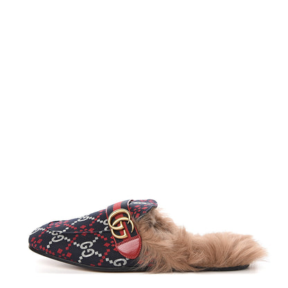 Gucci Canvas GG Monogram Diamond Fur Web GG Mens Princetown Slippers 8 Midnight Blue Hibiscus Red 1 of 9