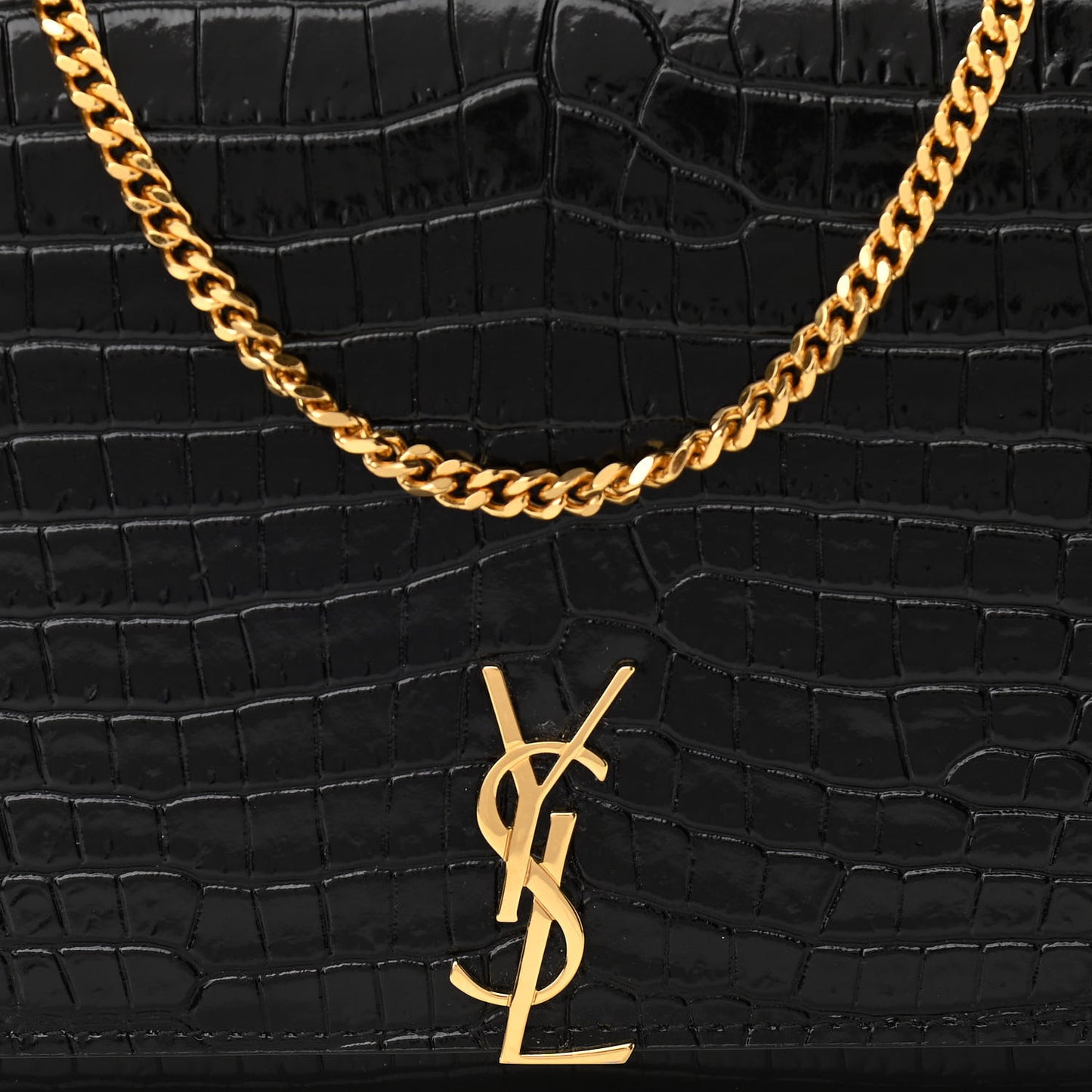 Calfskin Crocodile Embossed Monogram Chain Wallet Black