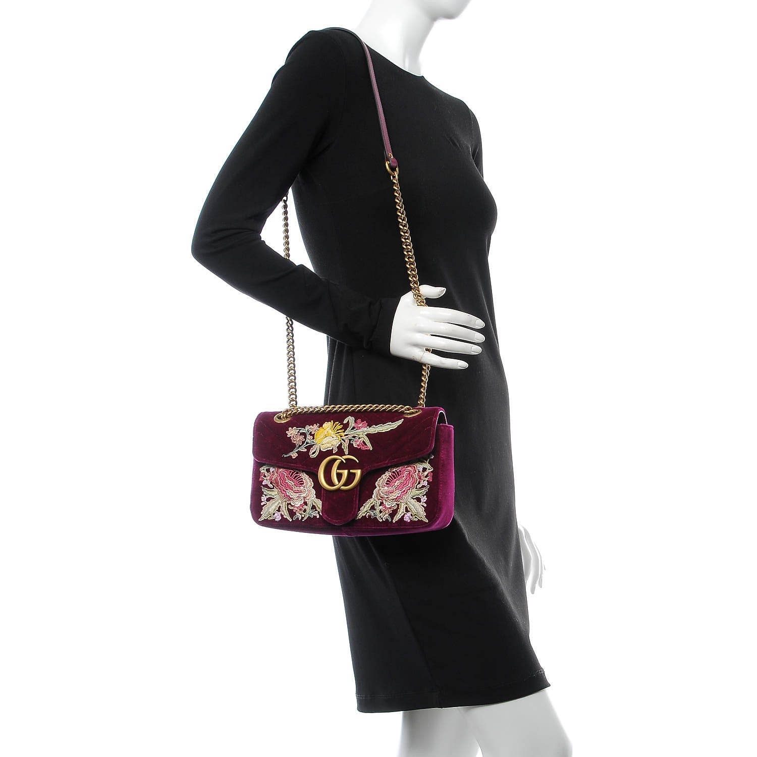 Gucci Velvet Matelasse Embroidered Small GG Marmont Shoulder Bag Fuchsia Violet Cyclamen 2 of 8