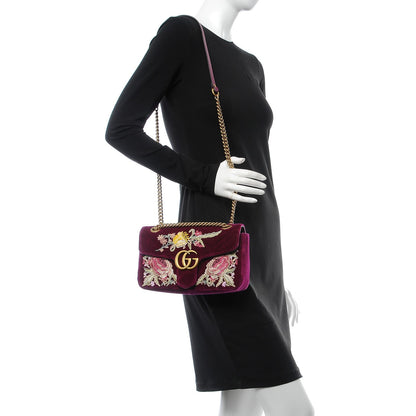 Gucci Velvet Matelasse Embroidered Small GG Marmont Shoulder Bag Fuchsia Violet Cyclamen 2 of 8