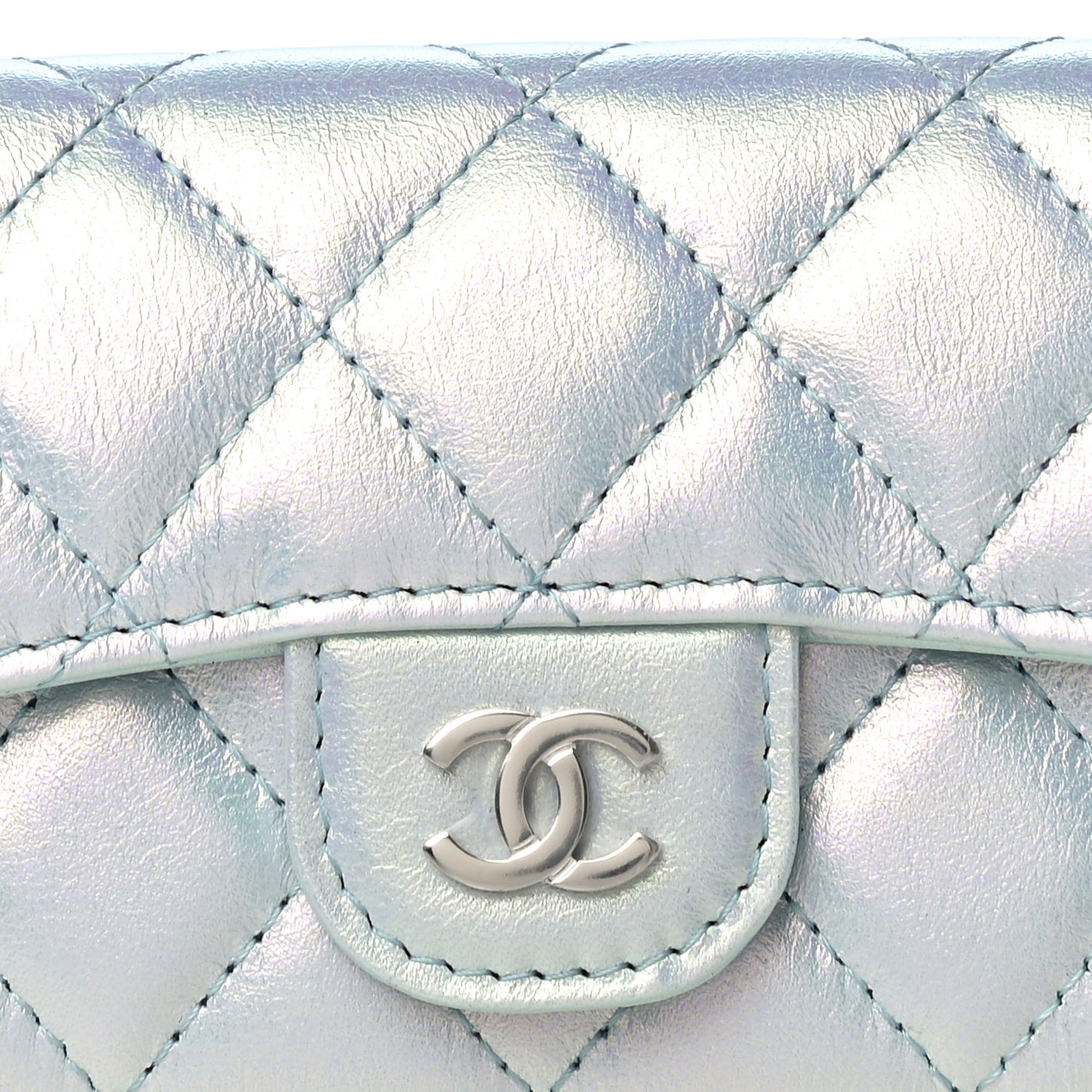 Iridescent Calfskin Quilted Flap Card Holder Light Blue
