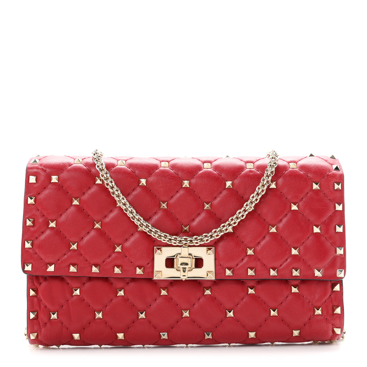 Valentino Garavani Lambskin Rockstud Spike Wallet on Chain Red 1 of 9