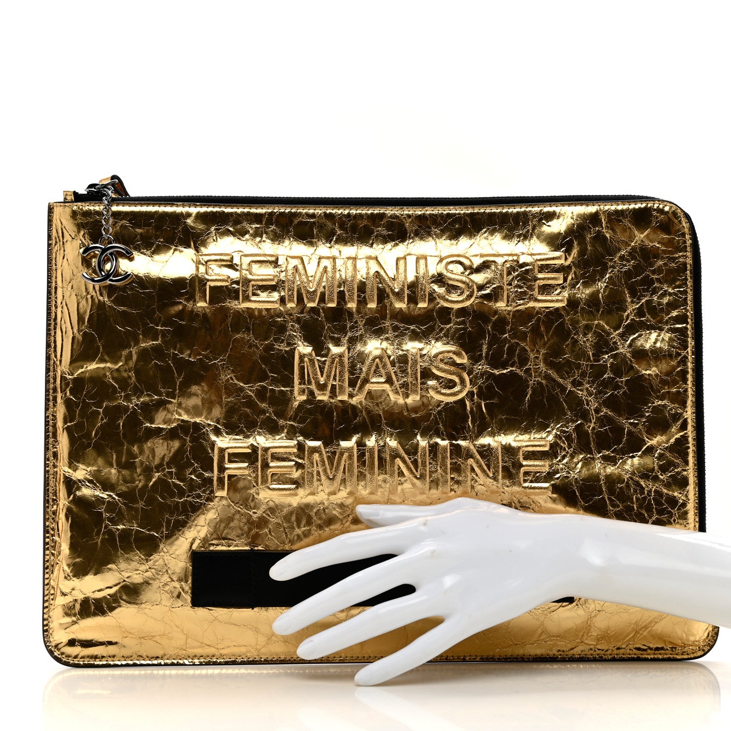 Chanel Metallic Lambskin Medium Je Ne Suis Pas En Solde Pouch Clutch Gold 2 of 7