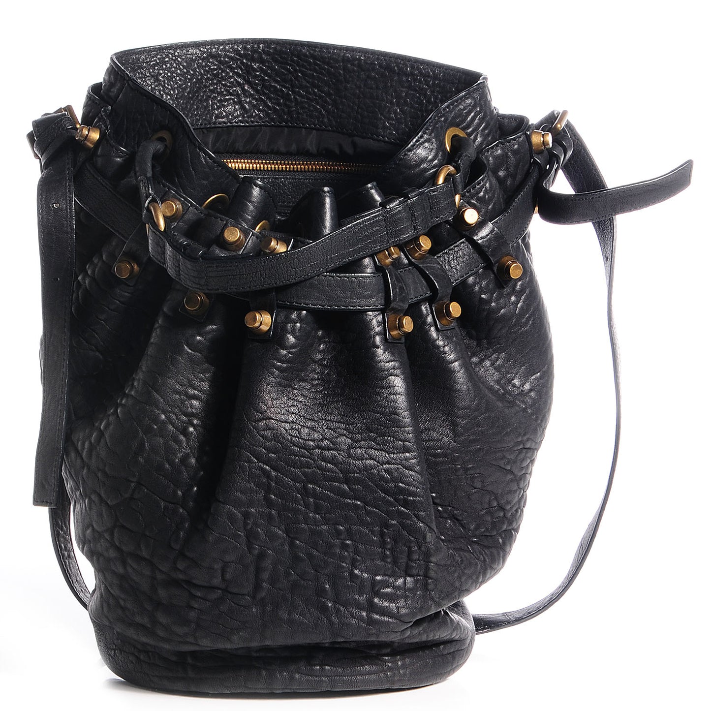 Leather Diego Bucket Bag w Antique Brass Hardware Black