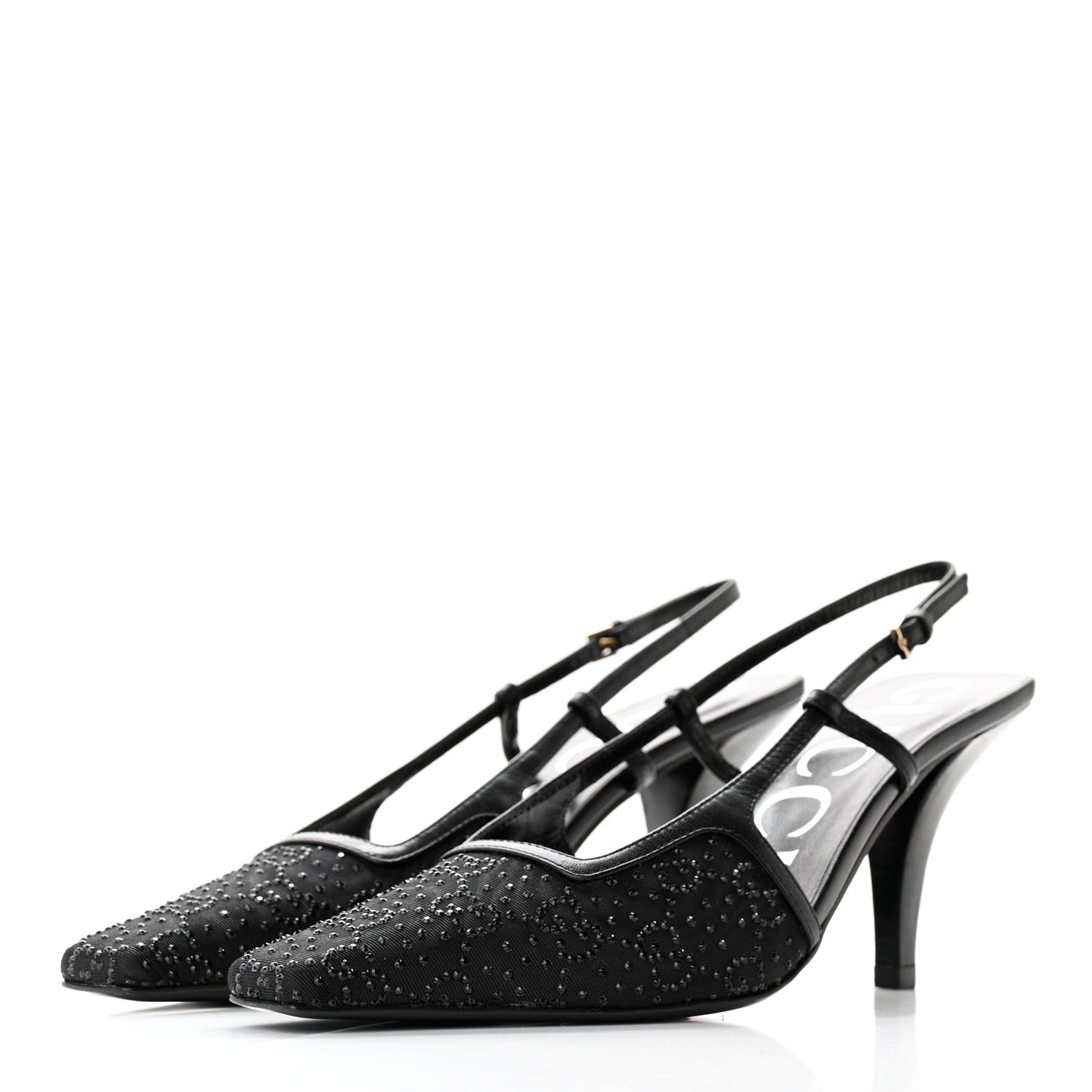 Moire Fabric Malaga Kid Crystal GG Monogram Square G 75mm Slingback Pumps 36 Black