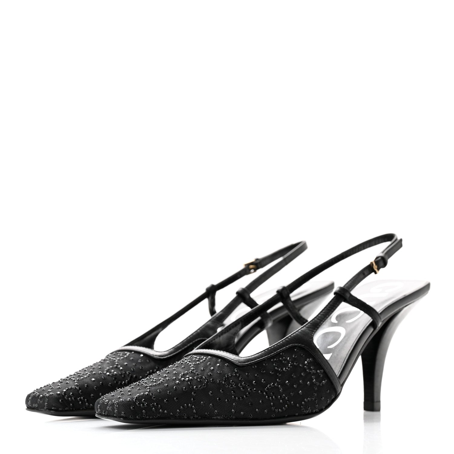 Gucci Moire Fabric Malaga Kid Crystal GG Monogram Square G 75mm Slingback Pumps 36 Black 3 of 10