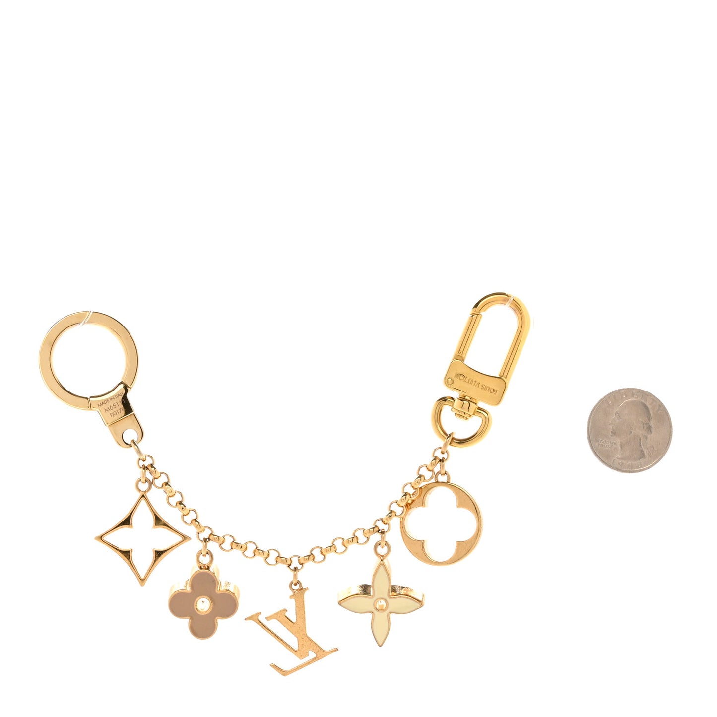 Brass Enamel Fleur De Monogram Bag Charm Chain Gold