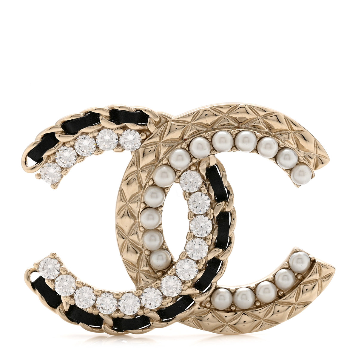 Chanel Lambskin Pearl Crystal Quilted CC Brooch Black Gold 1 of 4