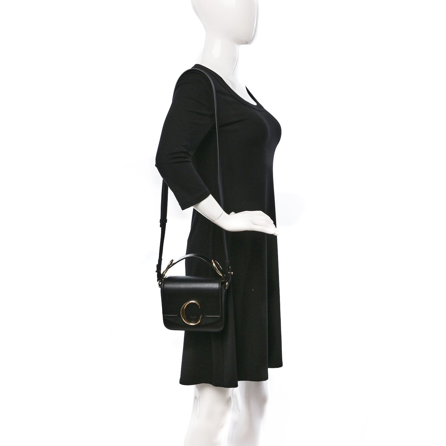 Shiny Calfskin Suede Mini C Double Carry Black