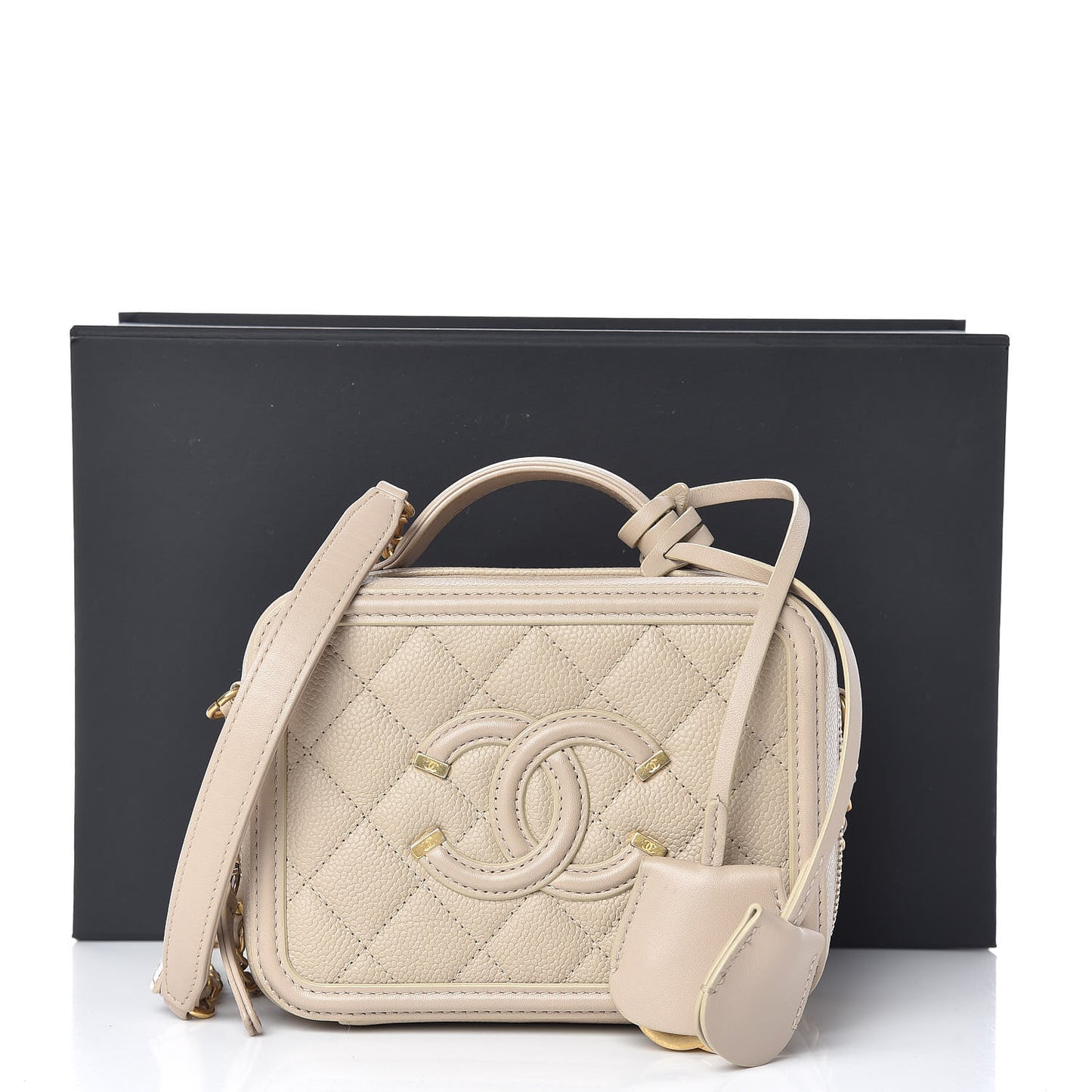 Caviar Quilted Small CC Filigree Vanity Case Light Beige