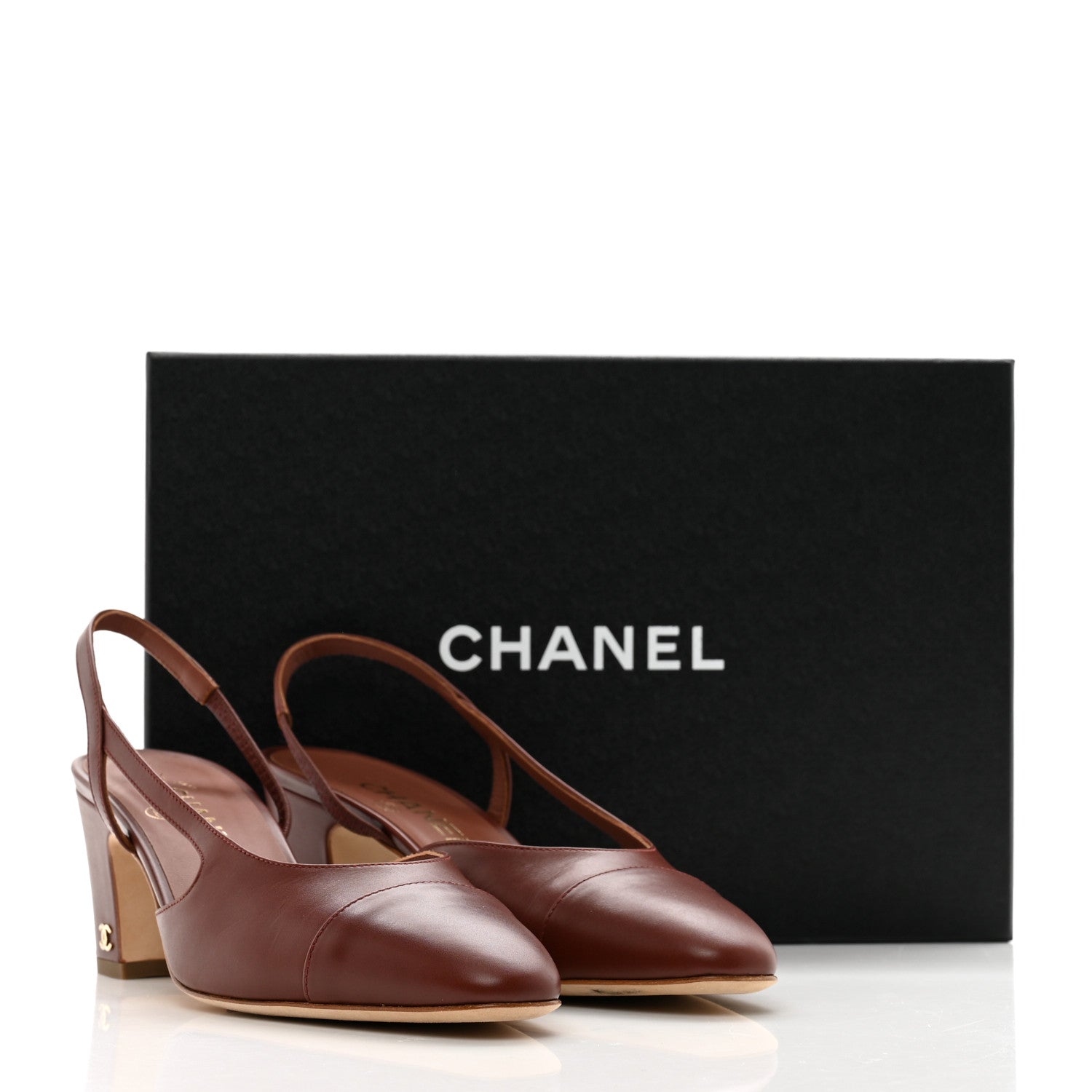 Chanel Calfskin Cap Toe CC Slingback Pumps 38.5 Brown 10 of 10