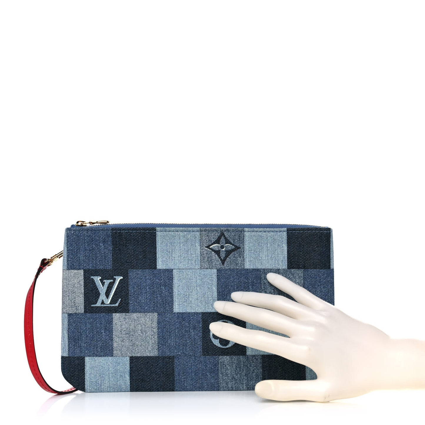 Denim Damier Monogram Patchwork Neverfull MM Pochette Blue Rouge
