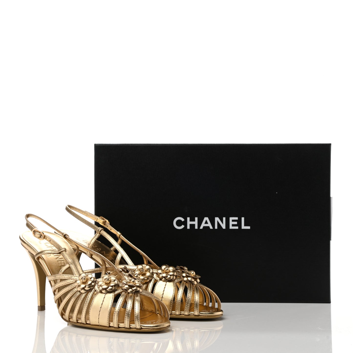 Laminated Lambskin Camellia Sandals 40 Gold