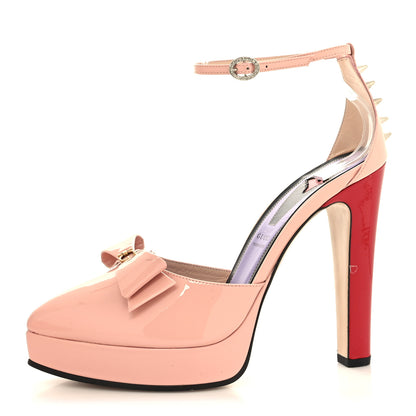 Gucci Patent Crystal GG Bow Sadie Spike Ankle Strap d'Orsay Platform High Heel Pumps 40 Perfect Pink 1 of 8