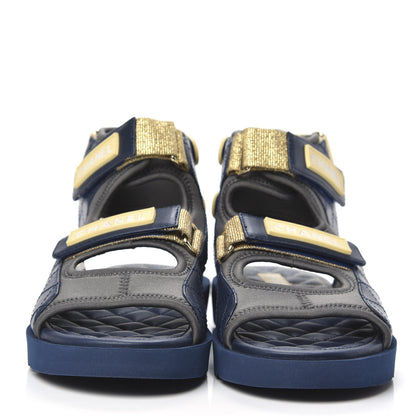 Chanel Goatskin Fabric Gladiator Sandals 38 Navy Blue Light Grey Yellow 2 of 8