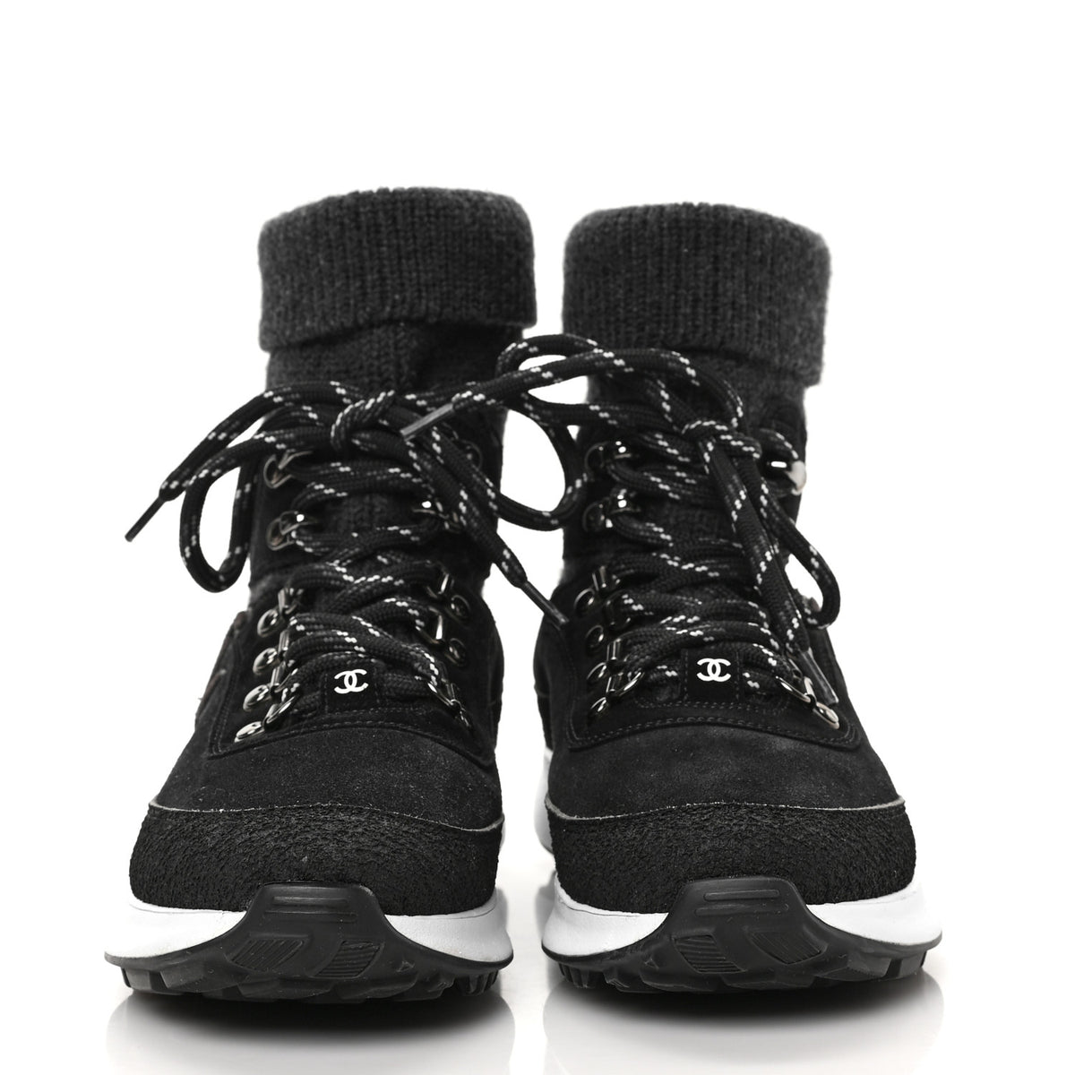 Suede Calfskin Knit CC Sneakers 35.5 Black Dark Gray
