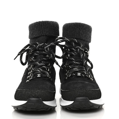 Chanel Suede Calfskin Knit CC Sneakers 35.5 Black Dark Gray 2 of 6