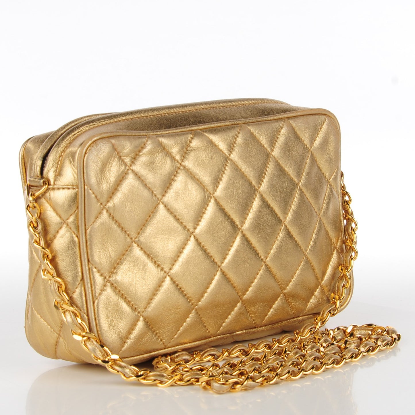 Metallic Lambskin Quilted Small Tassel Camera Case Gold