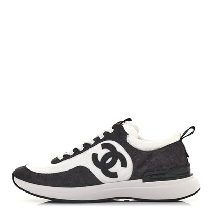 Chanel Nylon Calfskin Suede Womens CC Sneakers 37.5 White Black 1 of 4