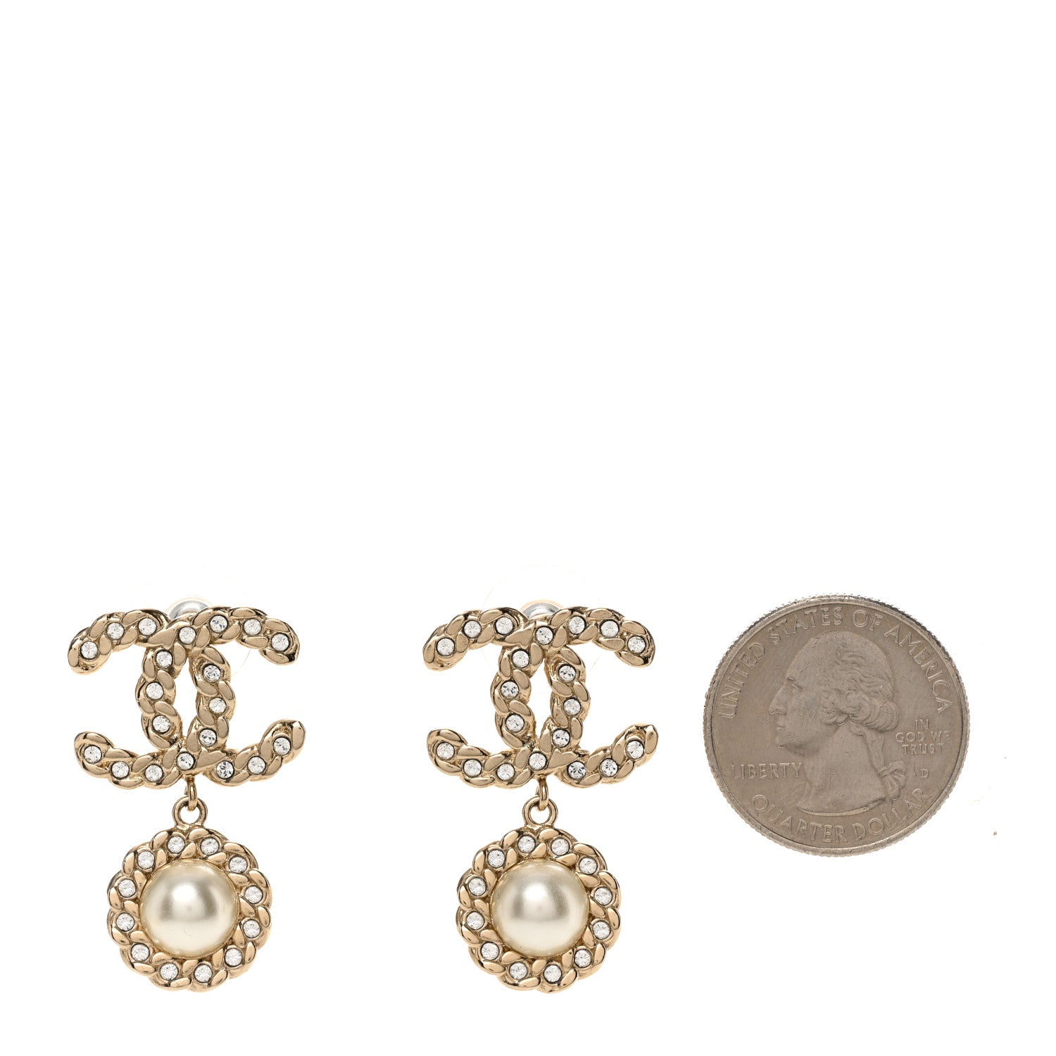 Chanel Crystal CC Pearl Drop Earrings Light Gold 2 of 5