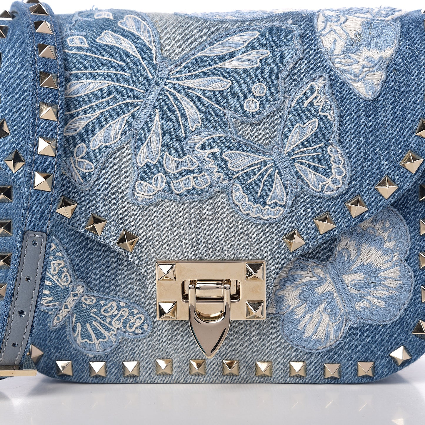 Denim Butterfly Embroidered Rockstud Shoulder Flap Messenger Bag Light Denim
