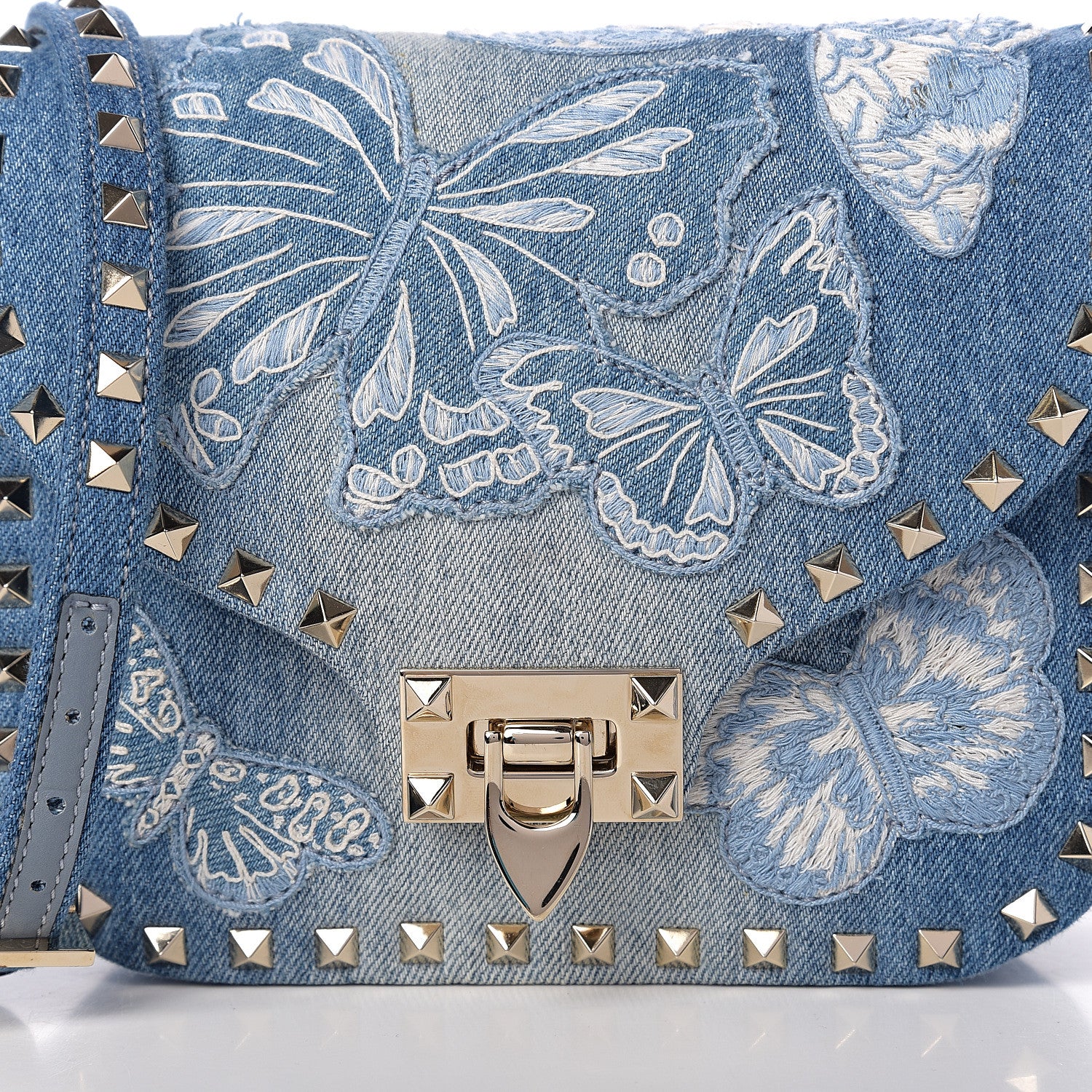Valentino Garavani Denim Butterfly Embroidered Rockstud Shoulder Flap Messenger Bag Light Denim 6 of 8