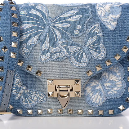 Valentino Garavani Denim Butterfly Embroidered Rockstud Shoulder Flap Messenger Bag Light Denim 6 of 8