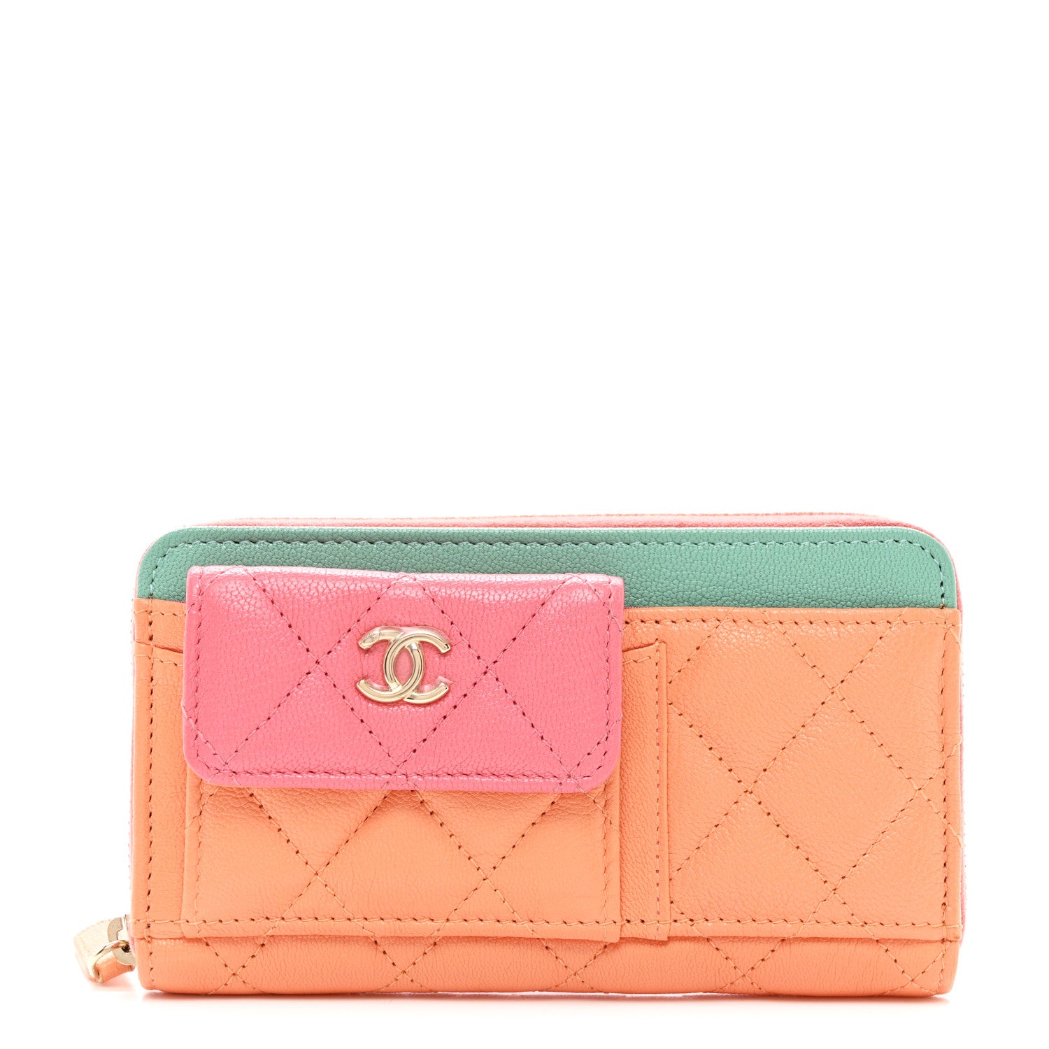 Chanel Goatskin Quilted Tri-Color In & Out Zip Around Wallet Orange Green Pink 1 of 9