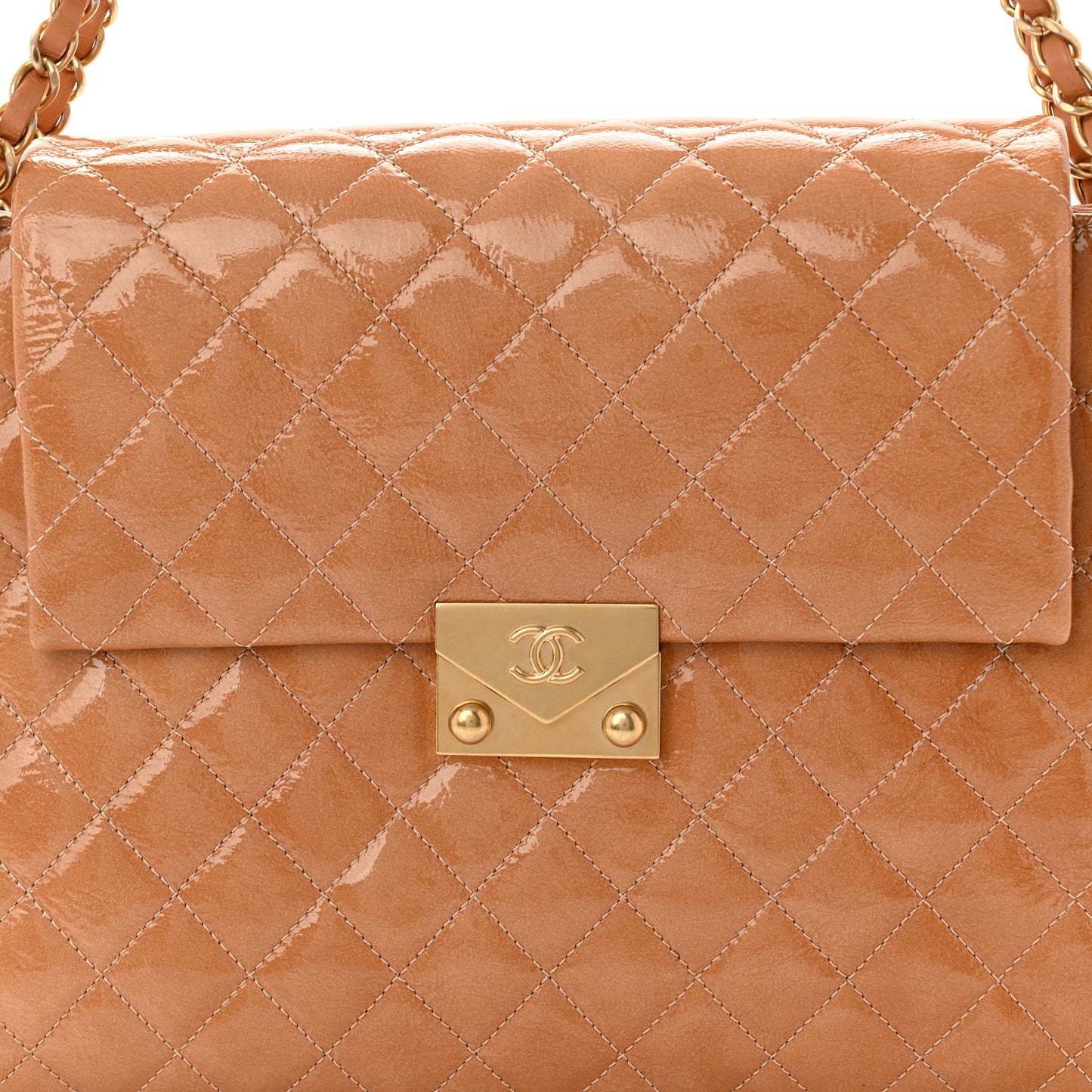 Patent Goatskin Quilted 3 Pocket Accordion Flap Beige