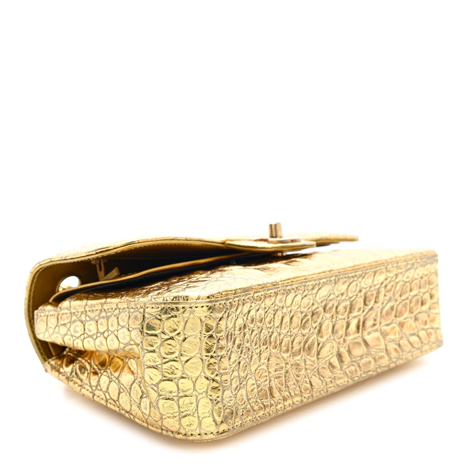 Chanel Metallic Calfskin Crocodile Embossed Cocodile Small Double Flap  Gold 4 of 10