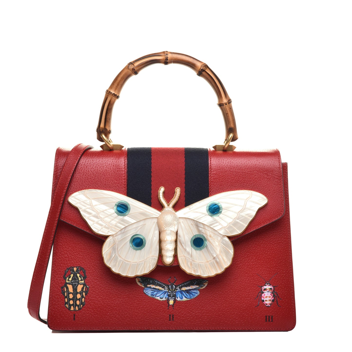 Calfskin Bamboo Web Medium Falena Moth Top Handle Bag Hibiscus Red
