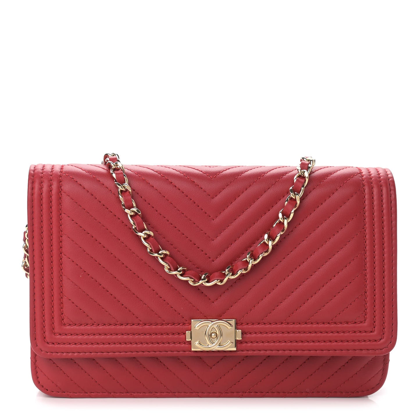 Lambskin Chevron Quilted Boy Wallet On Chain WOC Red
