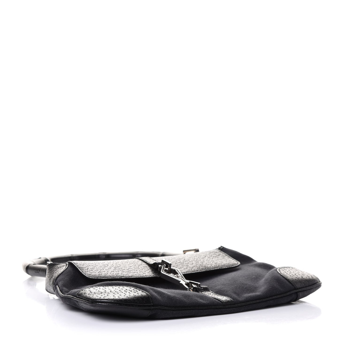 Canvas Calfskin Bamboo Handle Jackie O Hobo Black