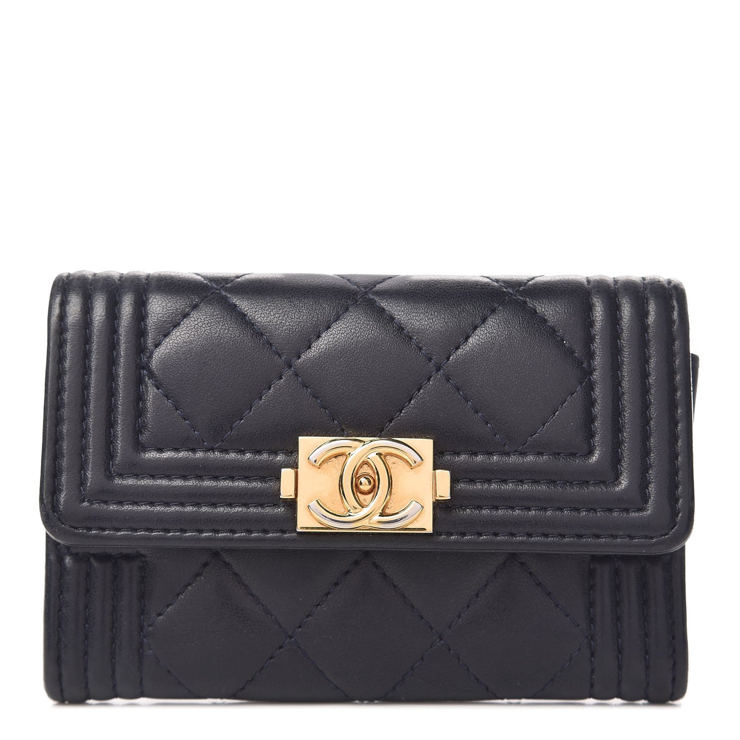 Lambskin Quilted Boy Card Holder Wallet Navy