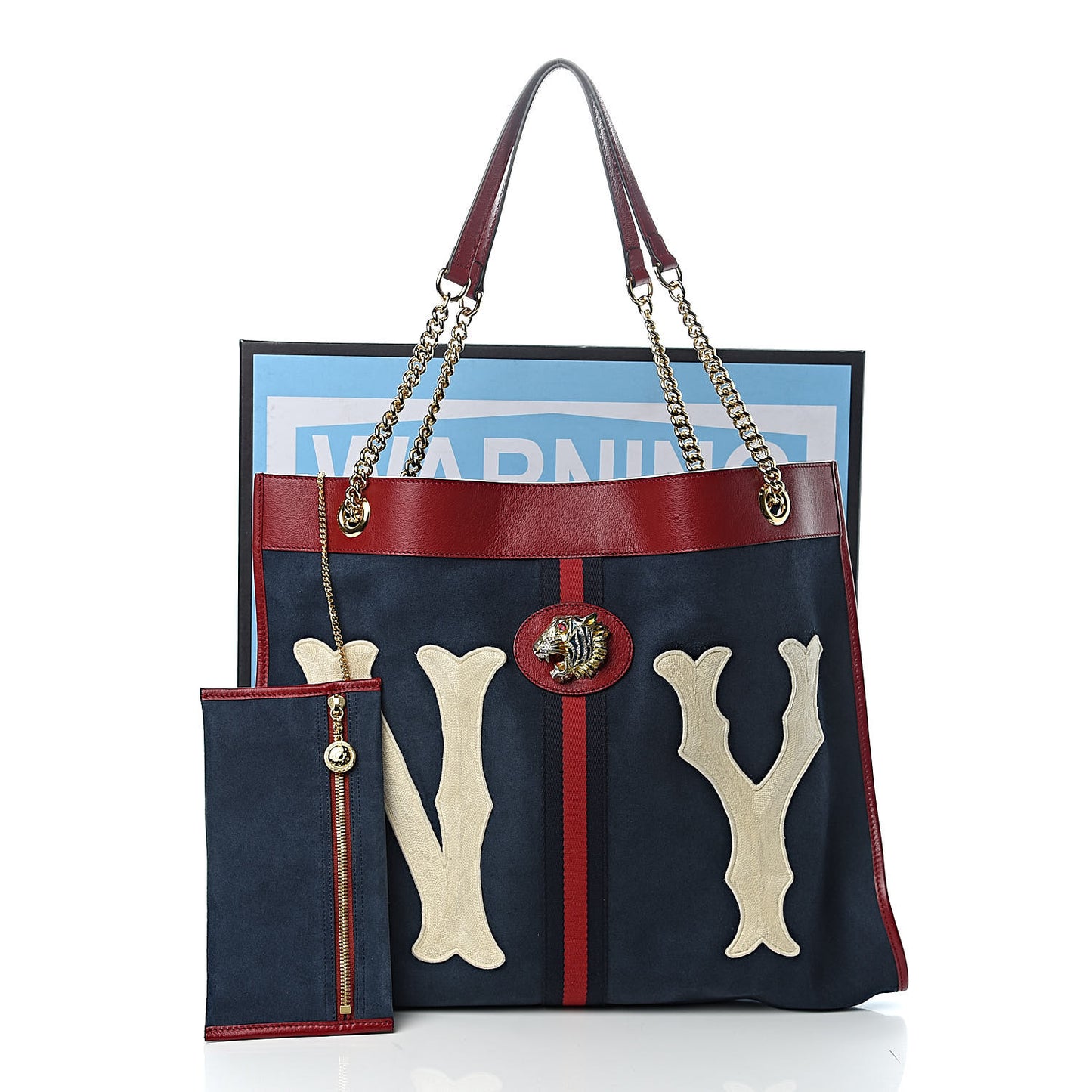 X MLB Suede Calfskin NY Yankees Large Rajah Chain Tote New Blue Romantic Cherry