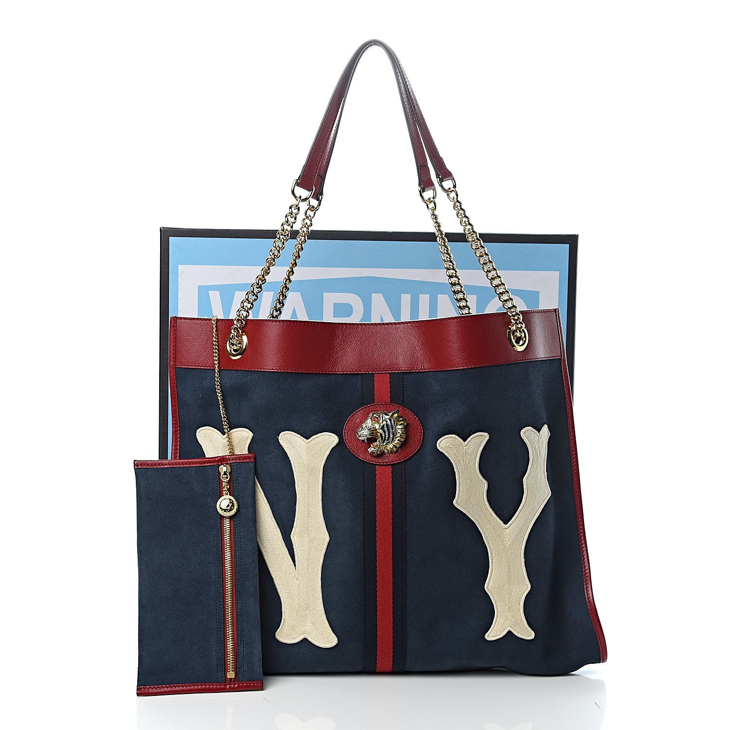 Gucci X MLB Suede Calfskin NY Yankees Large Rajah Chain Tote New Blue Romantic Cherry 12 of 12
